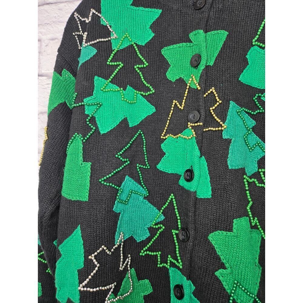 Talbots vintage beaded embroidered Christmas tree sweater cardigan medium. - Picture 3 of 8
